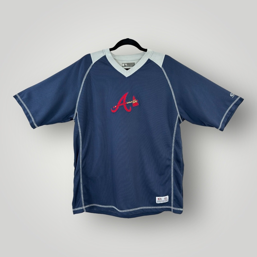True Fan Atlanta Braves‎ Tomahawk T-Shirt Mens L Navy Gray Embroidered Logo